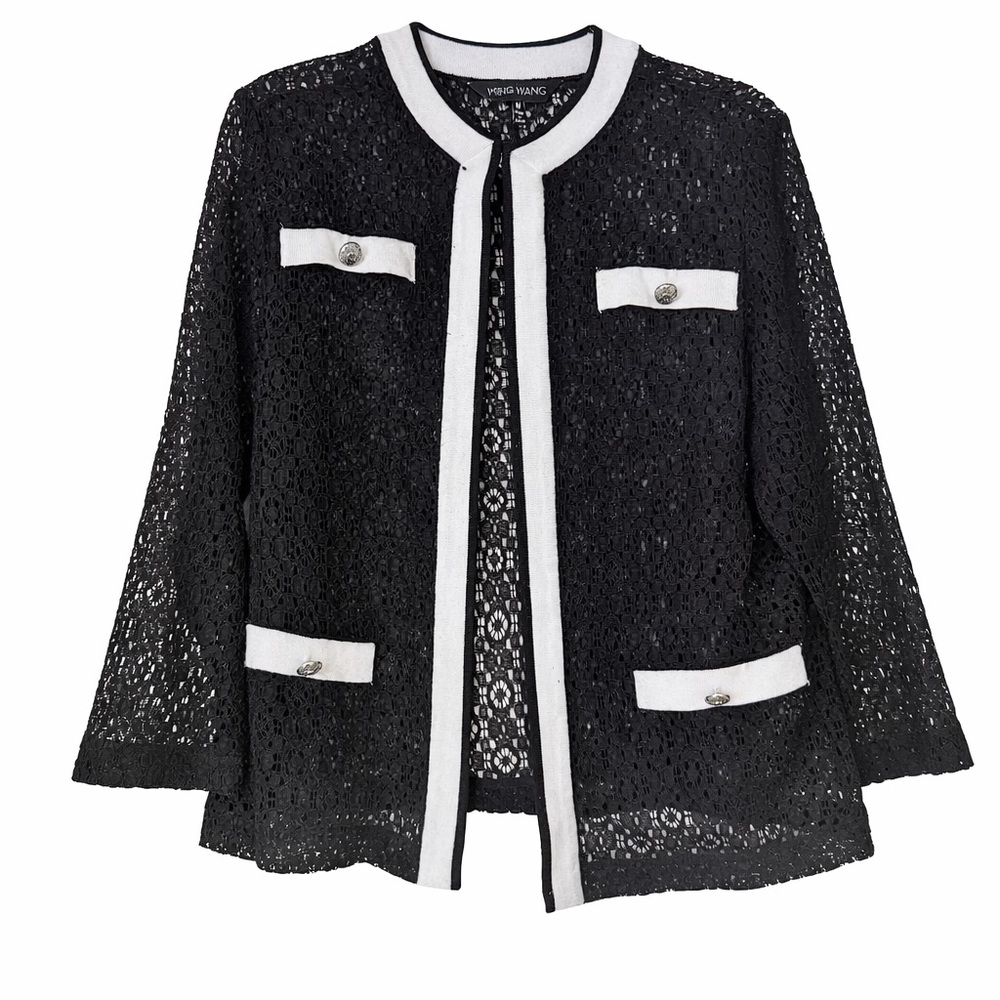 Ming Wang Black Lace Top with Silver Statement Button – Size Medium